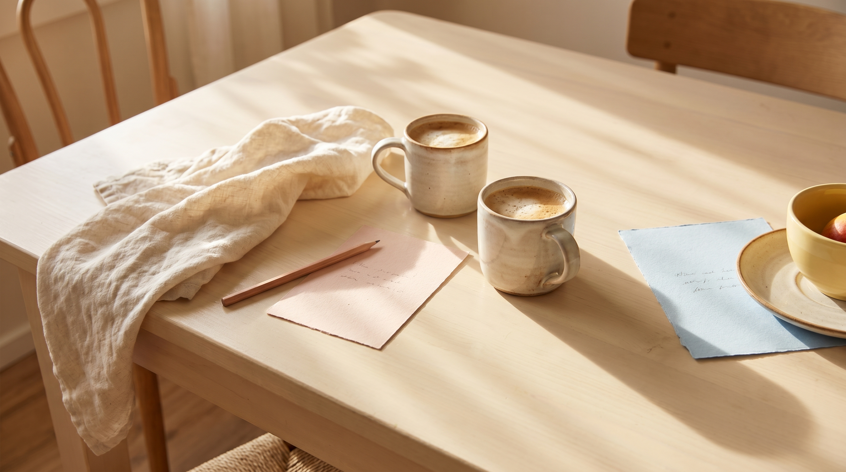 A warm sunlit table with pink and blue cards, coffee mugs, and a pencil.