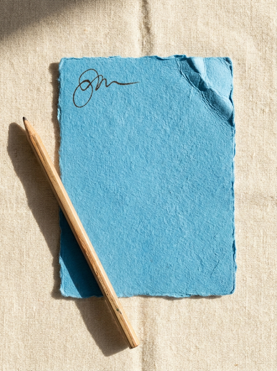 A sky-blue paper card on cream linen.