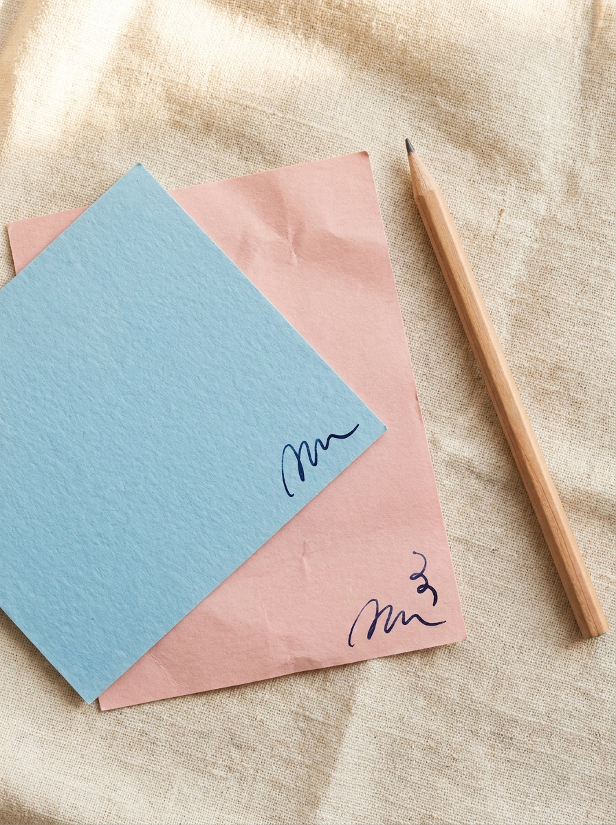 Pink and blue paper cards overlapping on linen.