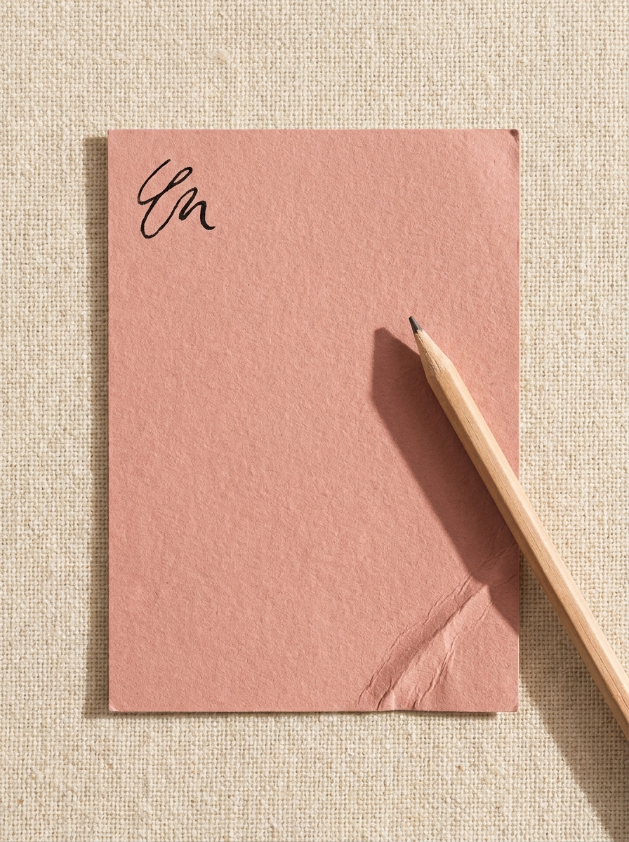 A blush-pink paper card on cream linen.