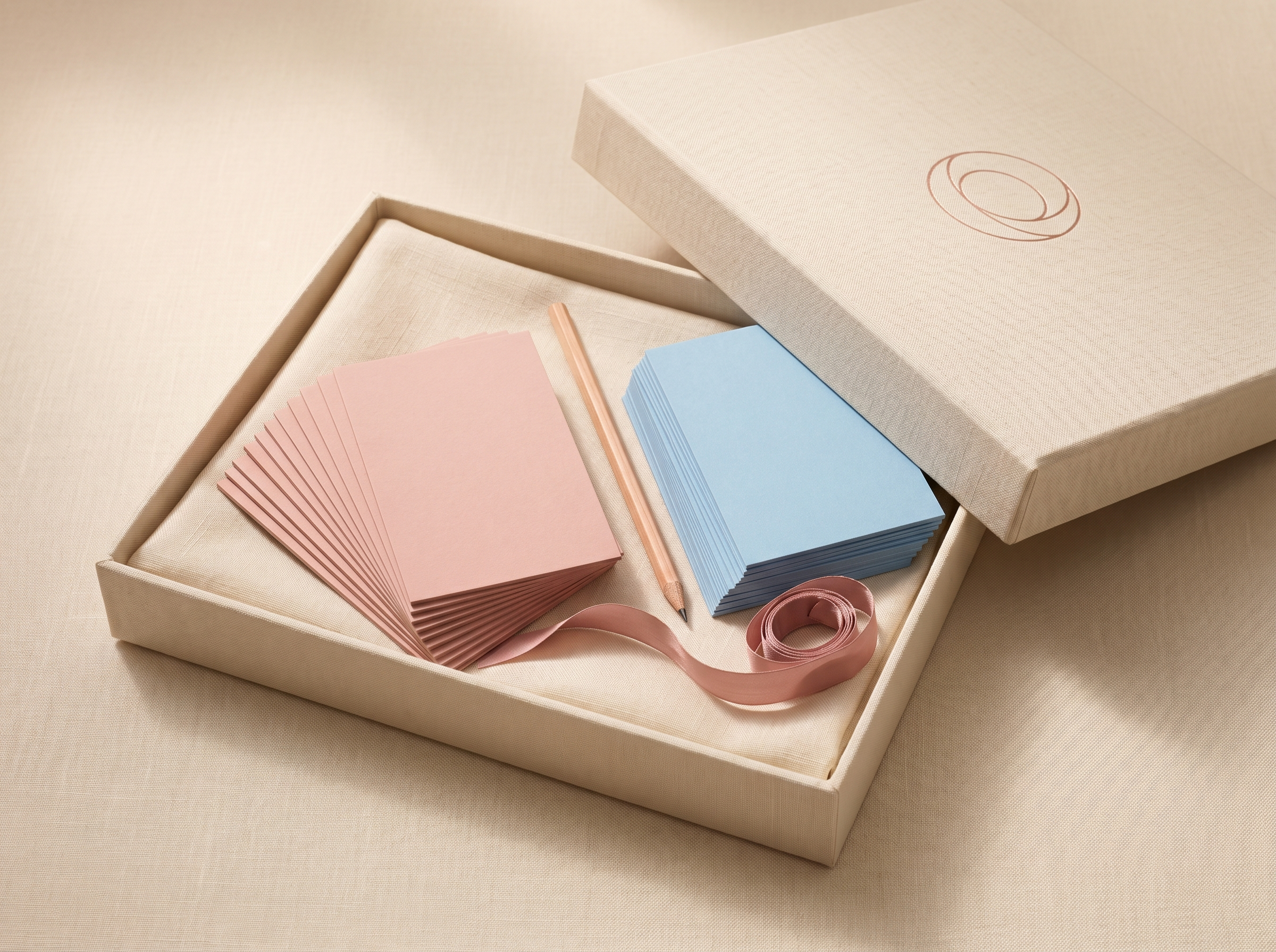 The Happy Class kit - a linen box with pink and blue paper cards, a pencil, and a ribbon.