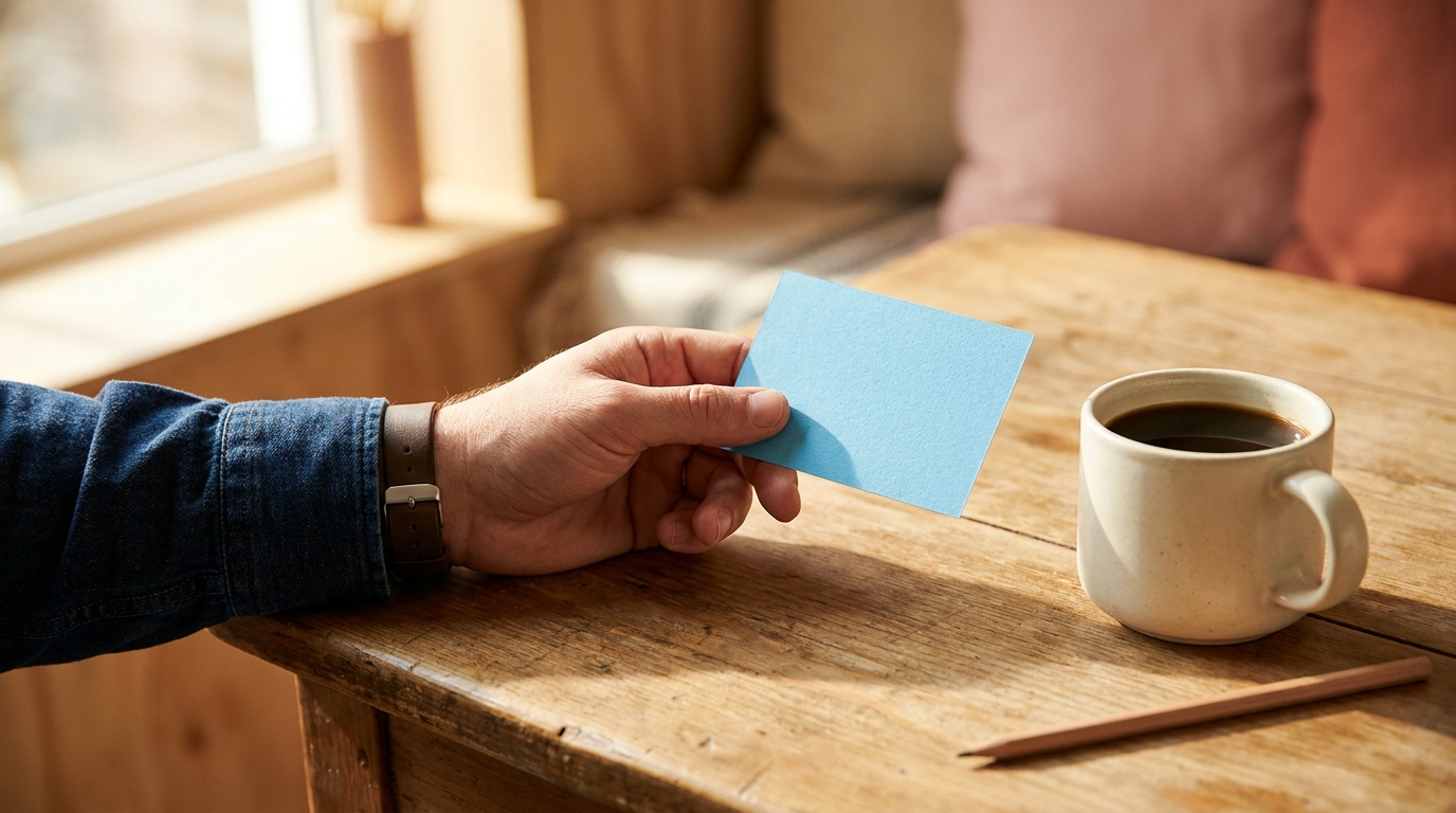 A man's hand holding a blue paper card on a warm wooden table.