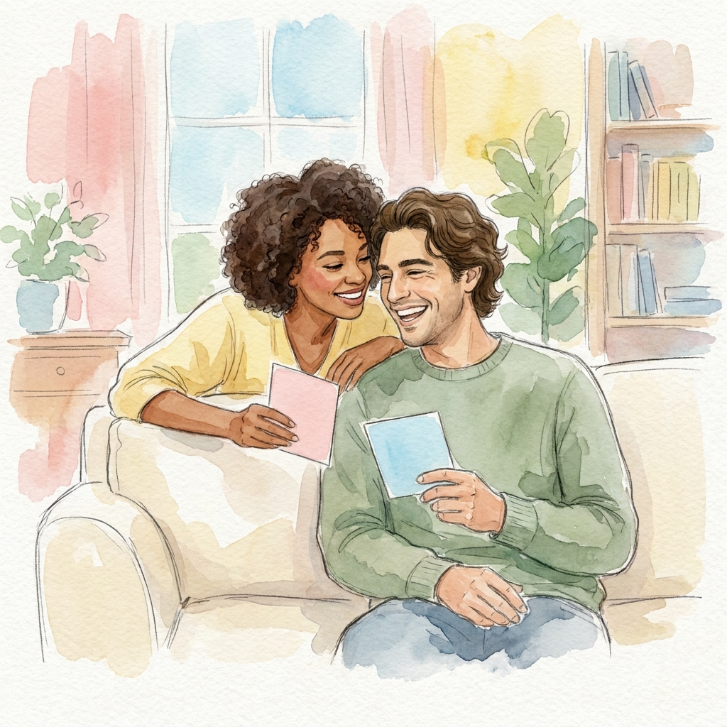Couple on a couch, laughing, holding pink and blue cards.