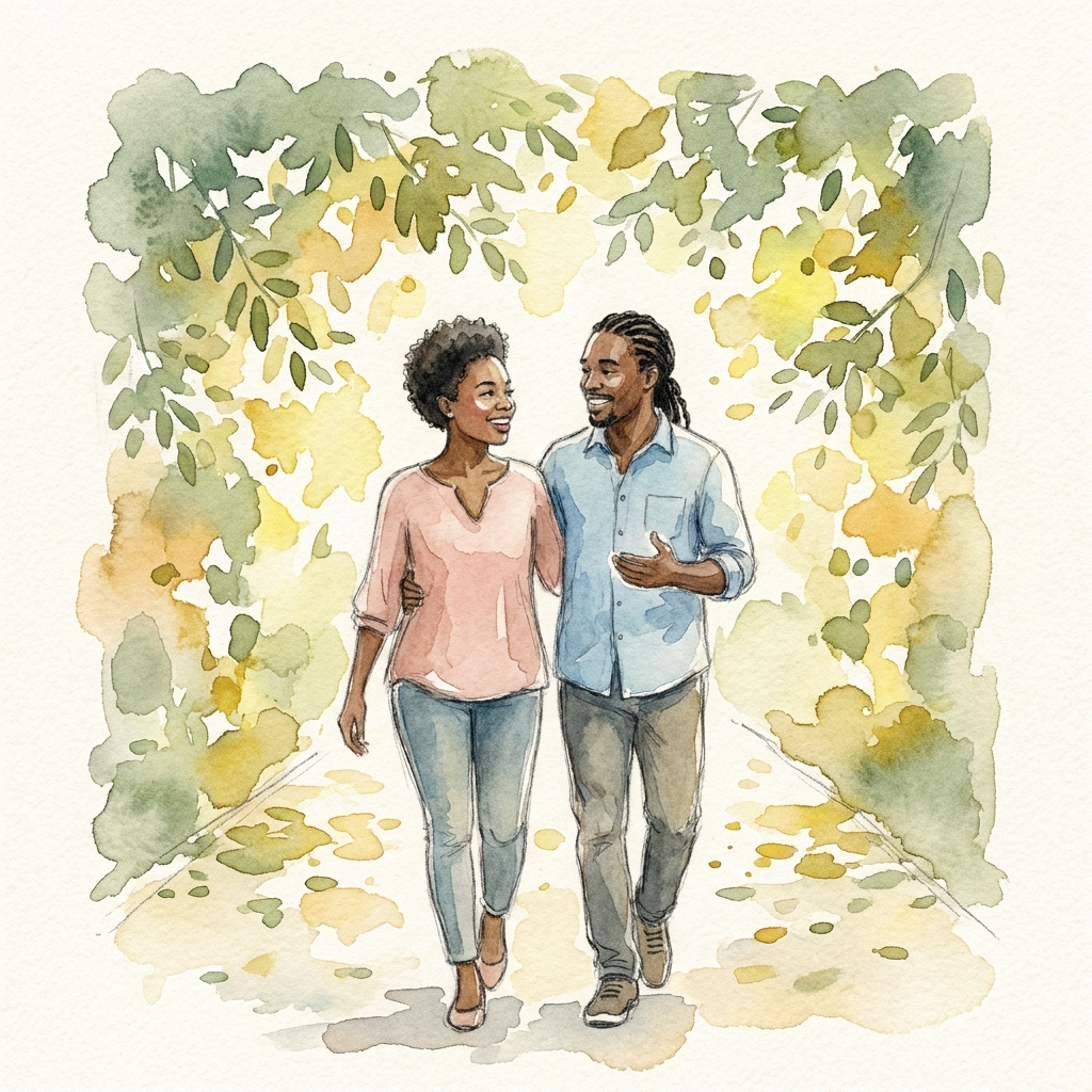 Couple walking together on a tree-lined path.